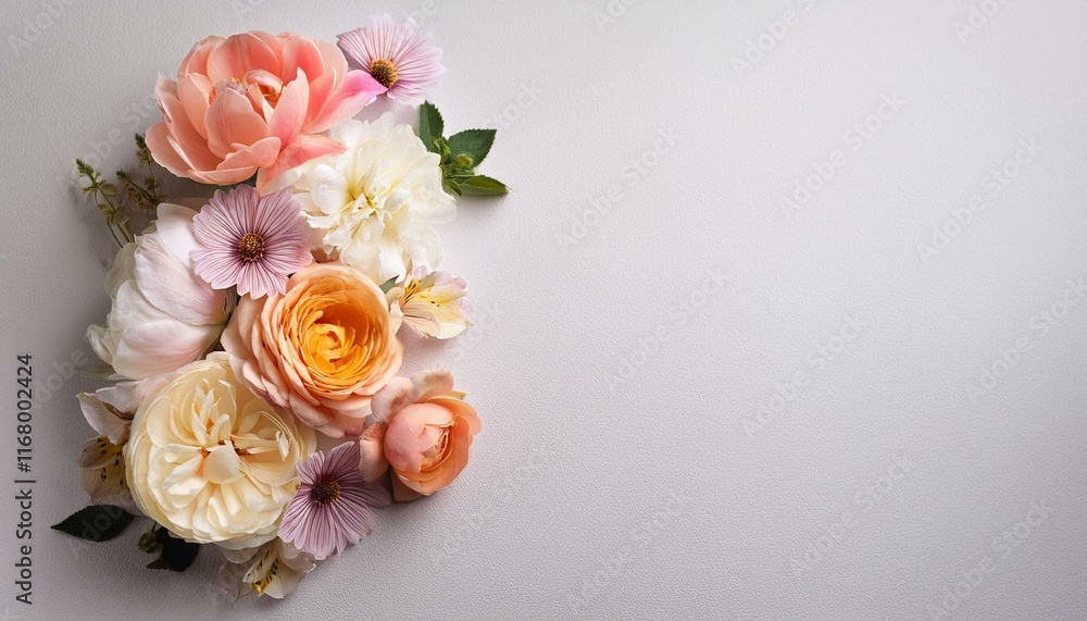 Beautiful flowers on light backdrop, copy space. Generated image Beautiful flowers on light backdrop, copy space. Generated image