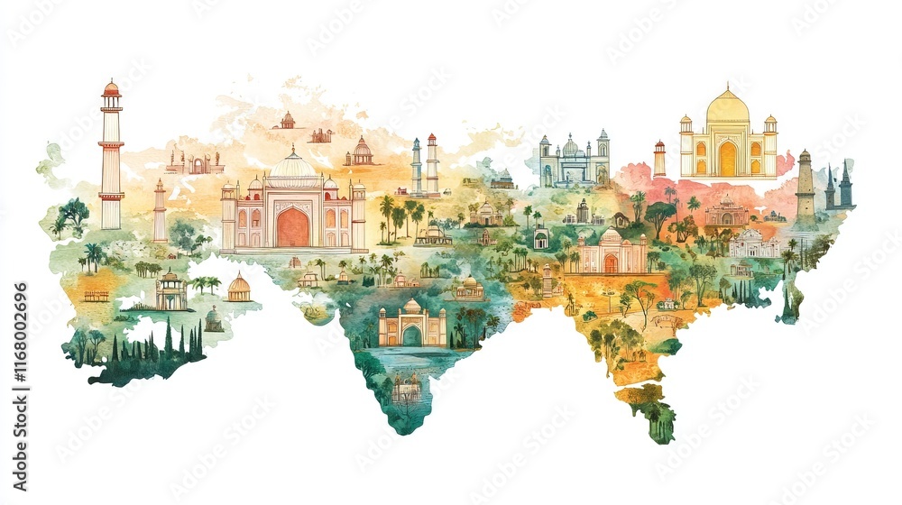 Fototapeta premium Watercolor map of India with iconic landmarks.