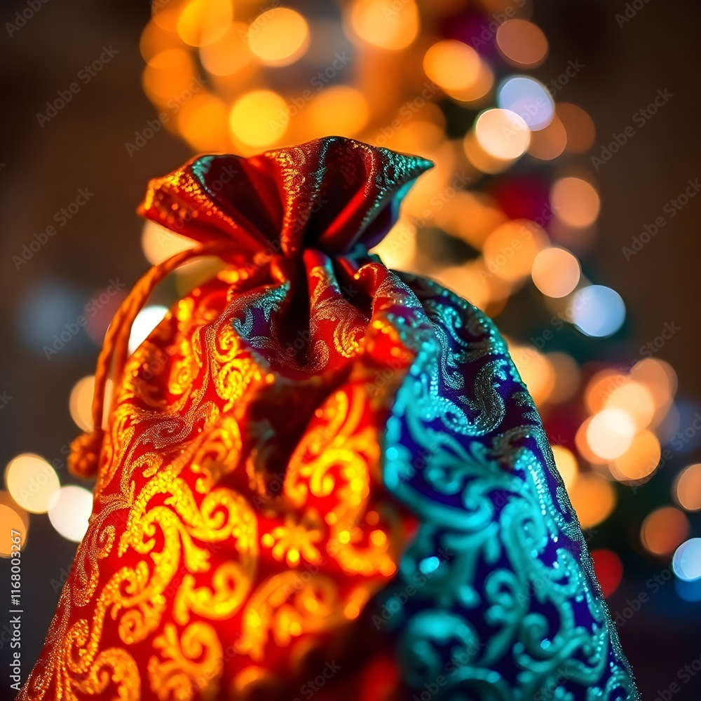 A vibrant Christmas sack adorned with intricate golden details, illuminated by contrasting chiaroscuro lighting rich in deep teal, showcasing strong contrasts and deep shadowsA vibrant Christmas sack A vibrant Christmas sack adorned with intricate golden details, illuminated by contrasting chiaroscuro lighting rich in deep teal, showcasing strong contrasts and deep shadowsA vibrant Christmas sack