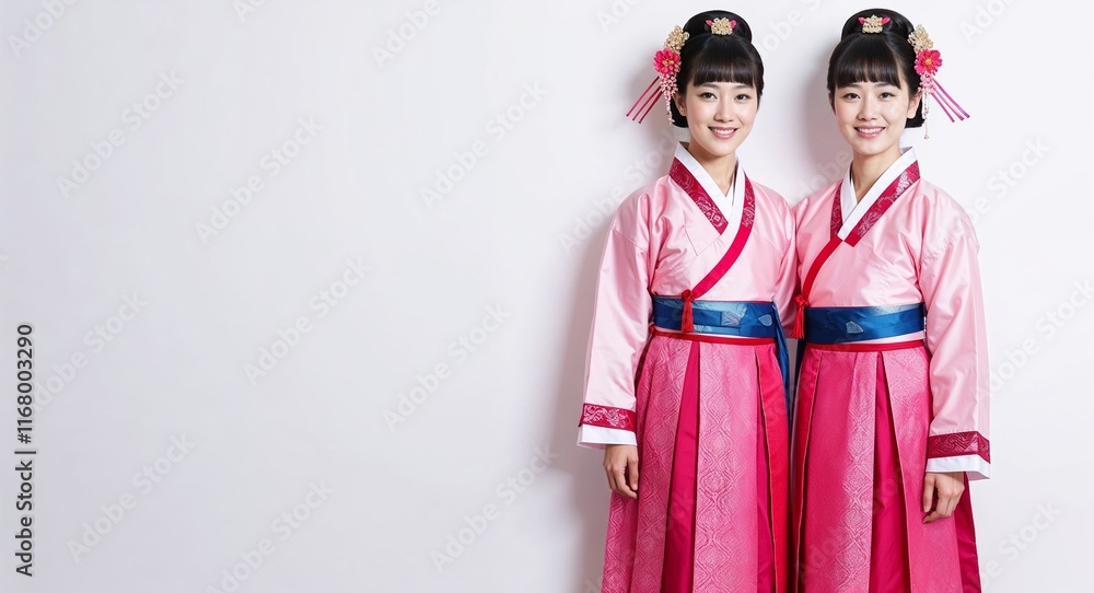 Pink theme Korean traditional clothing on plain white background