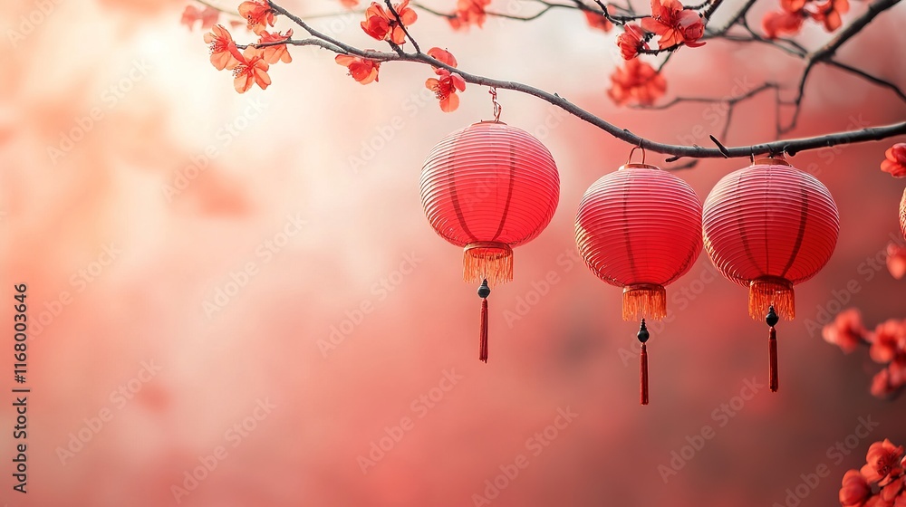 Obraz premium Minimal background of red Chinese lanterns on a branch, symbolizing celebration and heritage. 