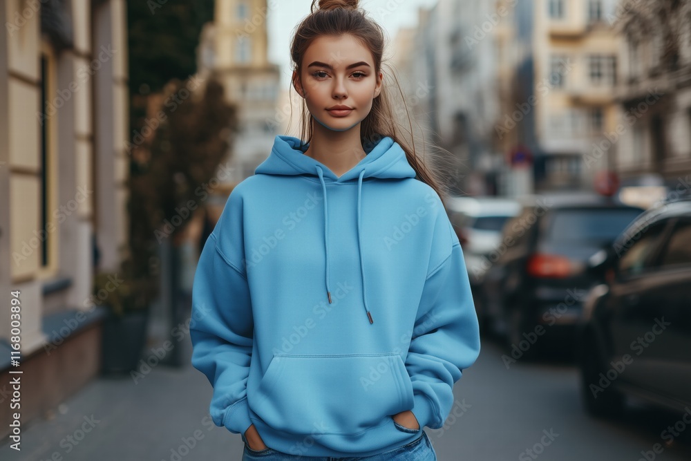 Fototapeta premium A young woman stands confidently on a city street, wearing a light blue color hoodie mockup and jeans. She has long hair styled in a ponytail and a relaxed expression, with urban buildings.