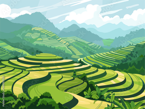 Hmong Rice Terraces: Mountainside Masterpieces of Vietnam's Farming Heritage, in Enchanting Animated Illustration