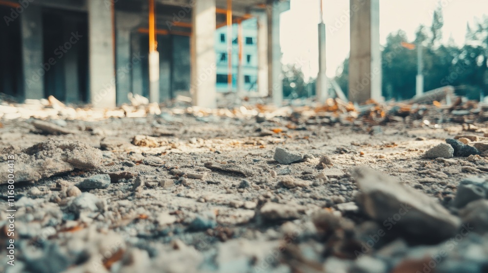 Construction site shows remnants of an unfinished project, with scattered debris and a gloomy atmosphere indicating abandonment and neglect Construction site shows remnants of an unfinished project, with scattered debris and a gloomy atmosphere indicating abandonment and neglect