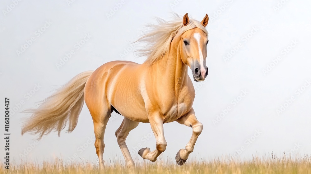 Obraz premium A golden horse galloping gracefully across an open field.