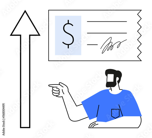 Man pointing towards a check with a dollar symbol and a signature alongside an upward arrow. Ideal for finance, investment, growth, business development, wealth, economic success, progress. Abstract