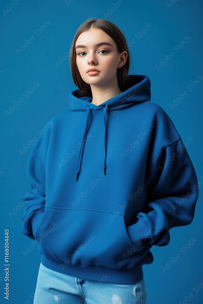 A young woman wearing a blue color hoodie mockup and light blue jeans, standing against a solid blue background. She has straight hair and a neutral expression. A young woman wearing a blue color hoodie mockup and light blue jeans, standing against a solid blue background. She has straight hair and a neutral expression.