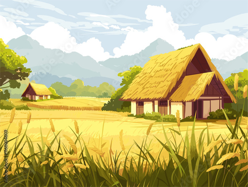 Tranquil Countryside: A Rural Vista of Cozy Thatched-Roof Homes Embraced by Verdant Fields