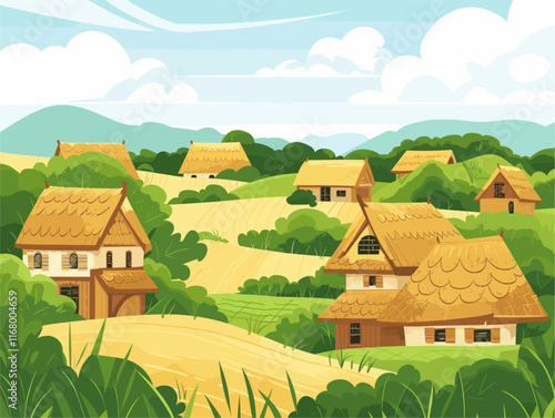 Serene Countryside Vista: Quaint Thatched-Roof Cottages nestled amid Cultivated Fields, Embracing the Harmony of Rural Living and Scenic Landscapes