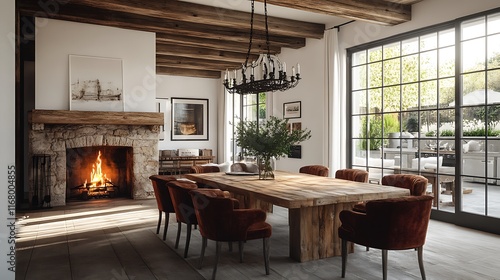 Cozy modern dining room featuring a warm fireplace design