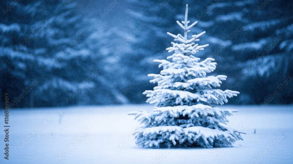 Obraz premium A beautifully frosted Christmas tree is nestled in a serene snowy forest at twilight, illuminated by the soft glow of fading light