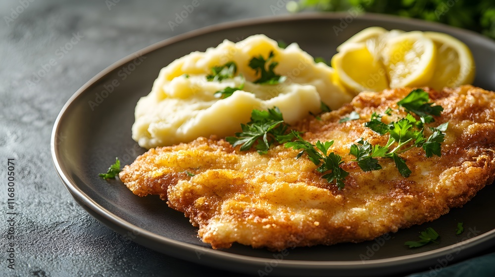 Crispy Breaded Fish Served with Mashed Potatoes and Lemon Crispy Breaded Fish Served with Mashed Potatoes and Lemon
