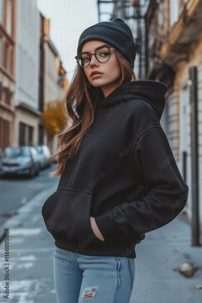 A young woman in a black hoodie mockup and beanie stands on a city street, wearing glasses. She poses confidently with her hands in the hoodie pockets, showcasing a casual urban style. A young woman in a black hoodie mockup and beanie stands on a city street, wearing glasses. She poses confidently with her hands in the hoodie pockets, showcasing a casual urban style.