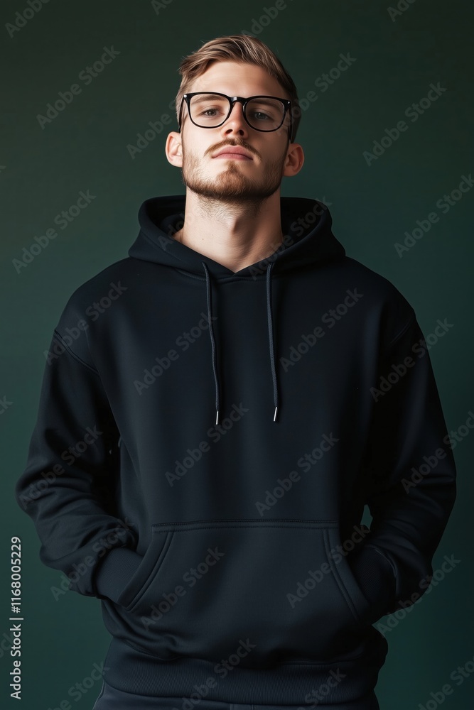 custom made wallpaper toronto digitalA young man wearing a black hoodie mockup and glasses, standing confidently with his hands in his pockets against a dark green background. Sweatshirt long sleeve hoody mock-up for print.