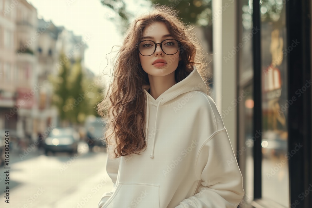 A young woman with curly hair wearing a white hoodie mockup and glasses, standing on a city street. The background features blurred cars and trees, creating a soft urban atmosphere. A young woman with curly hair wearing a white hoodie mockup and glasses, standing on a city street. The background features blurred cars and trees, creating a soft urban atmosphere.
