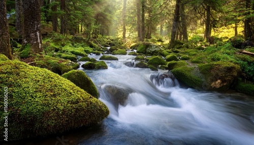 A tranquil mountain stream flowing through a moss-covered forest.