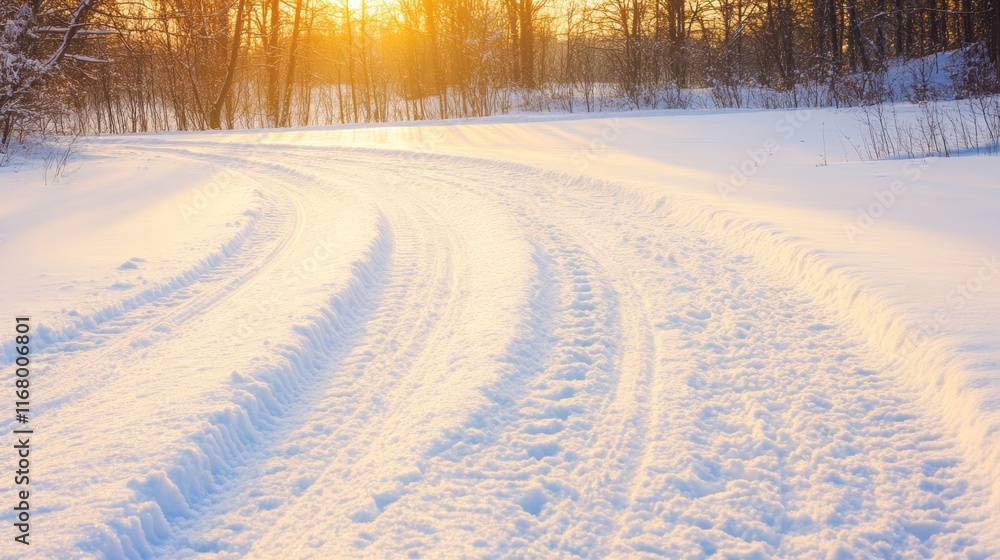 Car tire tracks create a winding path in freshly fallen snow along a forest road during sunset, showcasing winter's beauty Car tire tracks create a winding path in freshly fallen snow along a forest road during sunset, showcasing winter's beauty