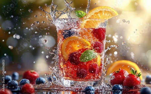 Refreshing Fruit-Infused Summer Drink with Splashing Water photo