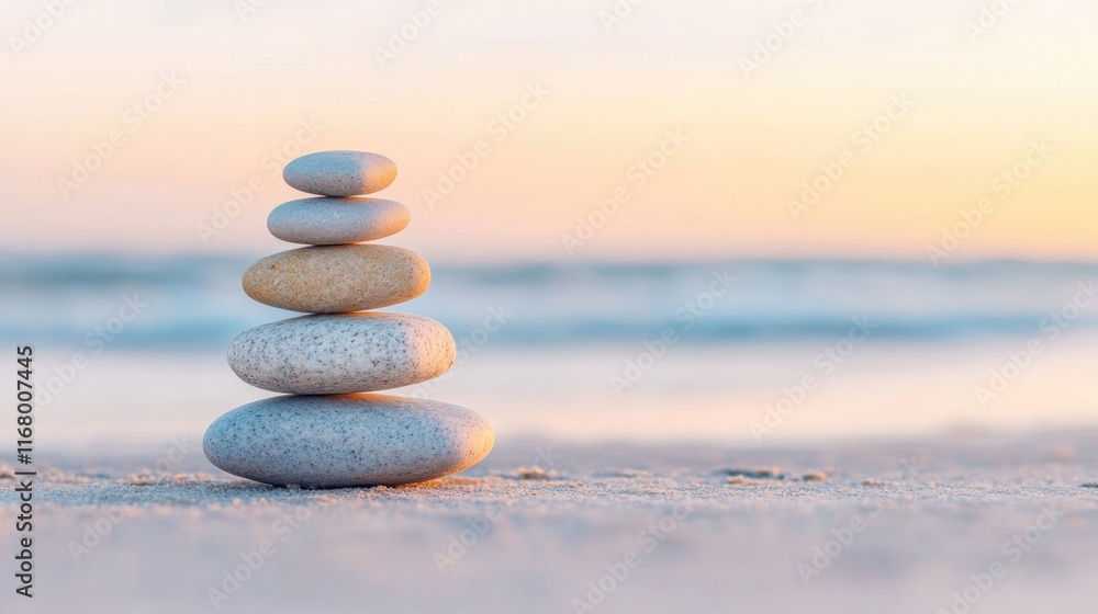 Five zen stones stacked neatly on the sand at the beach, illuminated by the warm hues of sunset reflecting over the water Five zen stones stacked neatly on the sand at the beach, illuminated by the warm hues of sunset reflecting over the water