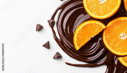 Bright orange slices are elegantly arranged on a smooth, flowing chocolate surface, complemented by scattered chocolate chips, creating a visually appealing dessert.