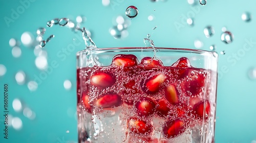 A vibrant red pomegranate seed splashes in a clear tumbler, with water droplets and floating fruit pieces, captured in high-speed macro photography, evoking a refreshing, luxury summer beverage