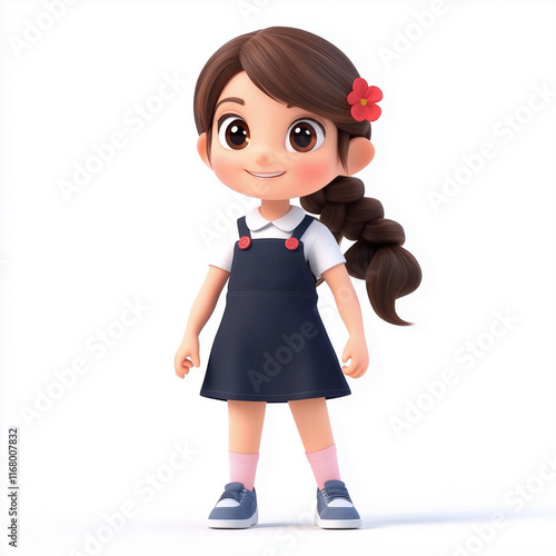 Cute girl Cartoon illustration with beautiful brown hair standing isolated on white background