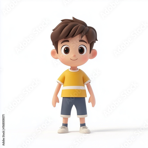 Cute kids boy Cartoon illustration wearing yellow tshirt standing isolated on white background