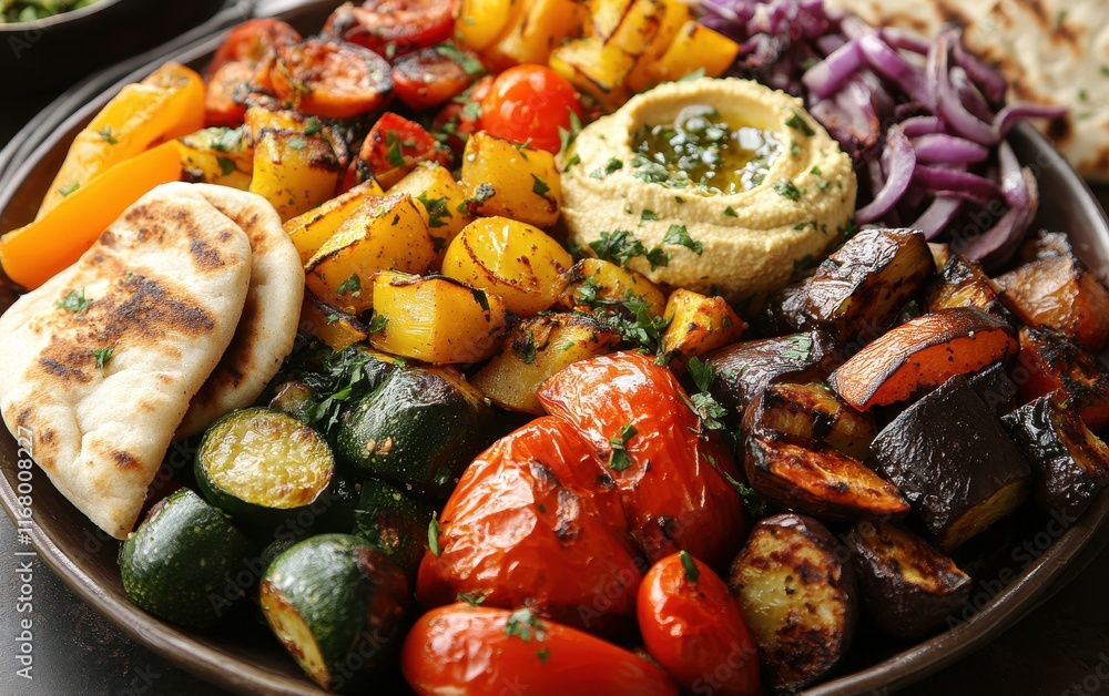 Roasted Vegetable Platter with Hummus and Pita Bread: A Mediterranean Feast Roasted Vegetable Platter with Hummus and Pita Bread: A Mediterranean Feast