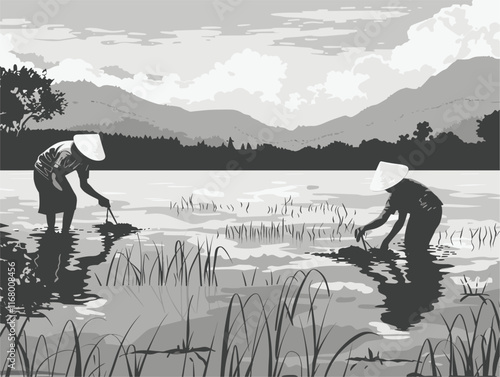 Farmers Working in Rice Fields: A Depiction of Rural Life and Agricultural Labor through Flat Style Vector Art