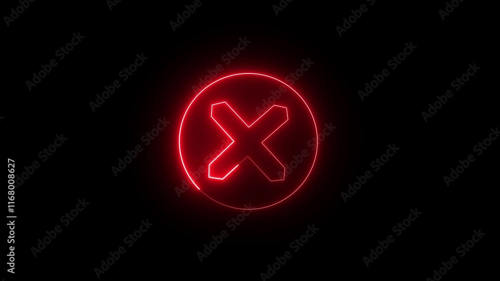 Glowing Red check mark and wrong buttons neon icon, cross X symbol icon. 4k animation video, black background. Glowing Red check mark and wrong buttons neon icon, cross X symbol icon. 4k animation video, black background.