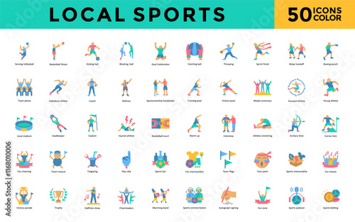 Local sports icon set with serving volleyball, basketball shoot, kicking ball, blocking ball, goal celebration, catching ball, throwing, sprint finish, relay handoff icon. Simple flat color vector 
