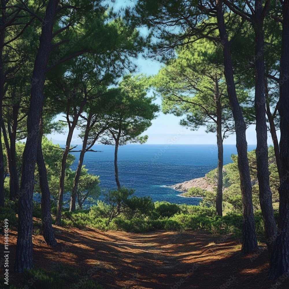 quiet pine forest with a breathtaking sea view in the distance. quiet pine forest with a breathtaking sea view in the distance.