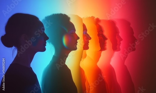 Rainbow-lit silhouettes, profile view, multiple figures.