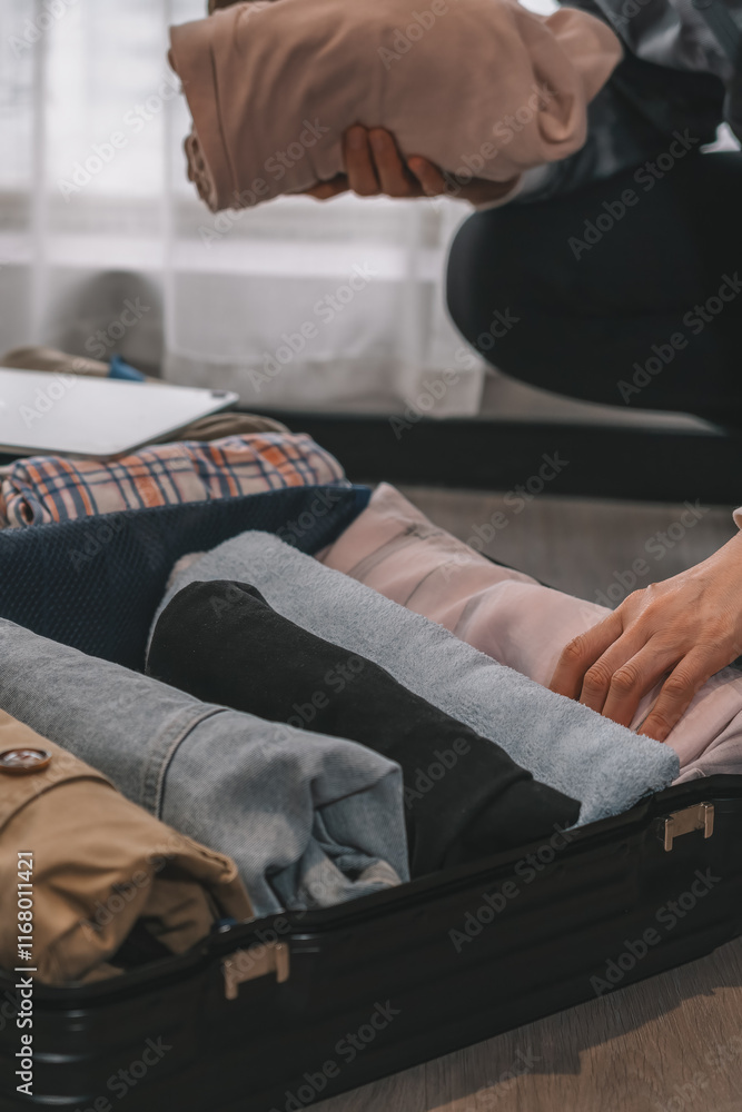 Fototapeta premium Organizing and Packing Clothes for Travel in a Stylish Suitcase