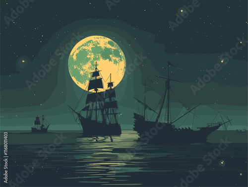2024-05-05-081355_59e7ca00-128b-4e3f-822a-e9bfc603ca59_0_flat_style_landscape_Silhouettes_of_Ships_Agains