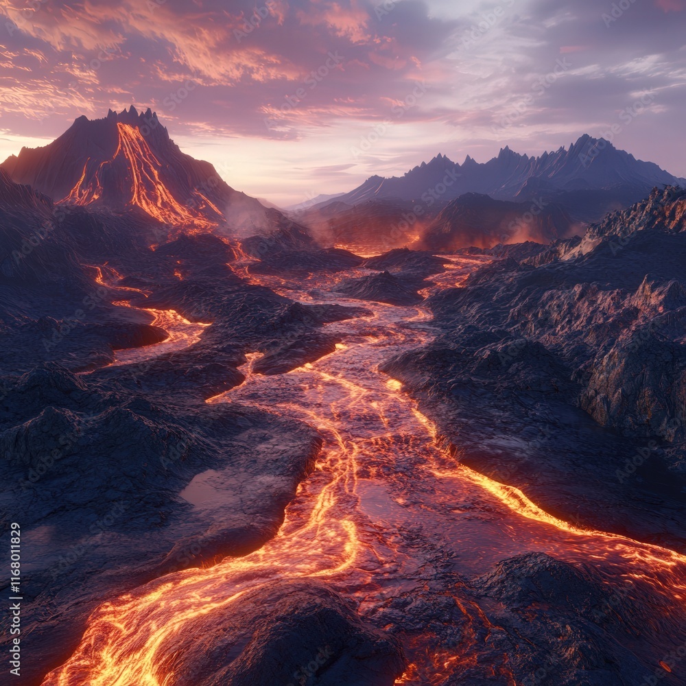 Fototapeta premium red lava flowing steadily over rough volcanic terrain.