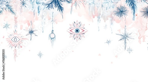 Winter theme of frosty third-eye symbols, soft pastel pinks, boho watercolor, isolated on white background