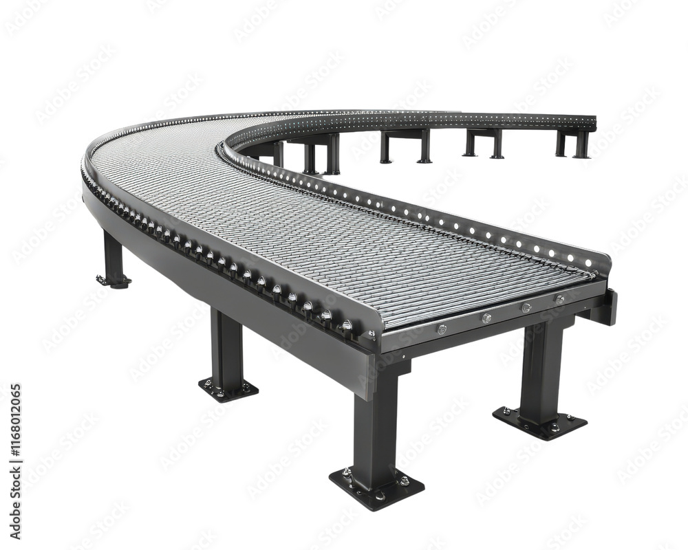 Conveyor belt system, industrial equipment, curved design, metal structure, efficient transport, warehouse solution, logistics technology, manufacturing process, heavy duty, durable material Conveyor belt system, industrial equipment, curved design, metal structure, efficient transport, warehouse solution, logistics technology, manufacturing process, heavy duty, durable material