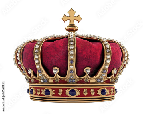 Royal crown with red velvet and gold accents, adorned with jewels, symbolizing power and authority. This majestic piece represents royalty and tradition photo