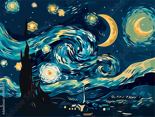 Starry Night Reimagined: A Contemporary Interpretation of Van Gogh's Iconic Masterpiece in a Flat Style with Animated Illustrations