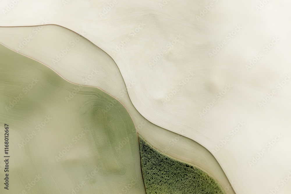 Earthy abstract composition with green and beige textured sections, resembling natural landscape patterns, concept of harmony and nature-inspired design