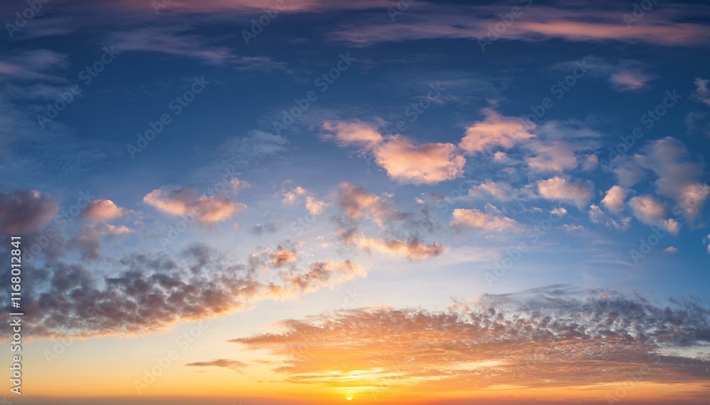 Real majestic sunrise sundown sky background with gentle colorful clouds without birds. Panoramic, big size Real majestic sunrise sundown sky background with gentle colorful clouds without birds. Panoramic, big size