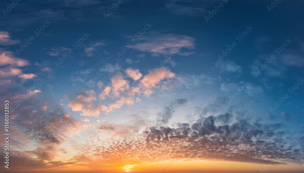 Real majestic sunrise sundown sky background with gentle colorful clouds without birds. Panoramic, big size Real majestic sunrise sundown sky background with gentle colorful clouds without birds. Panoramic, big size