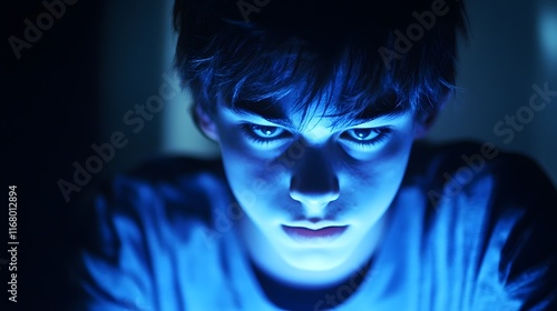 A young person isolated in front of a glowing screen, visualizing the profound psychological and social impact of cyberbullying photo