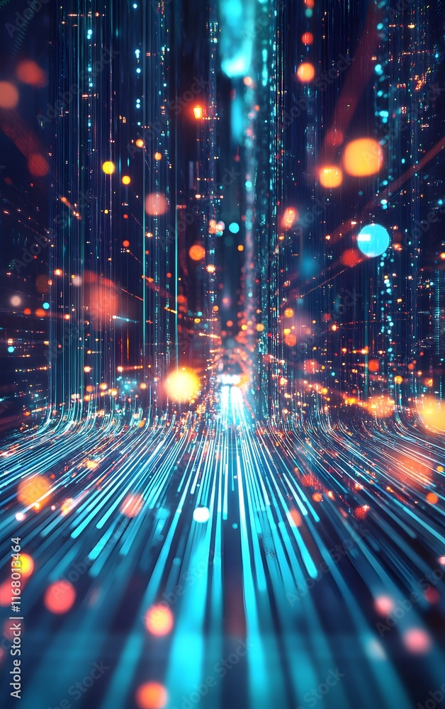 Obraz premium Vibrant streams of light in fiber optic cables, transmitting data through a futuristic city, illustrating the power of modern communication technology