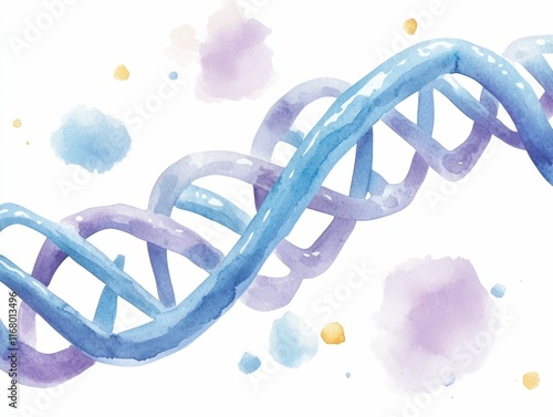 Visually striking watercolor of a DNA helix with a vibrant blue and purple gradient painted with soft and delicate brushstrokes to create an ethereal organic and captivating design photo