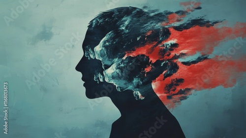 Abstract profile, teal and red paint, fragmented faces.