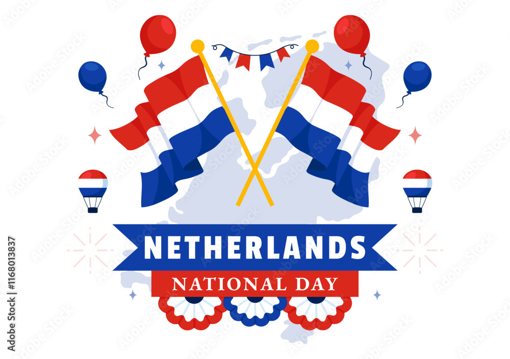 Happy Netherlands National Day Vector Illustration featuring the Netherlands Flag and a Sky Blue Background in a Flat Cartoon Style Design