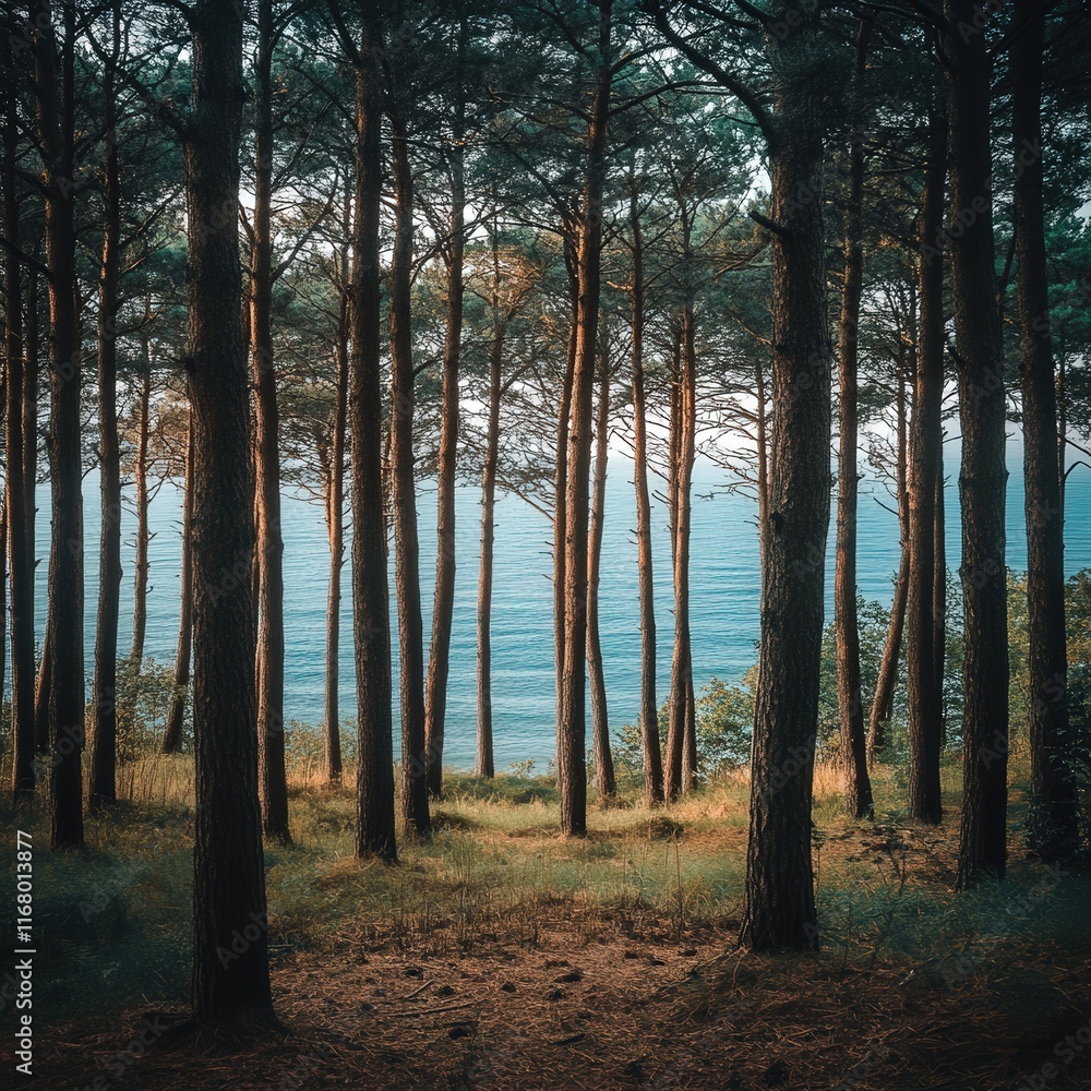 tranquil pine forest, the sea visible in the background. tranquil pine forest, the sea visible in the background.