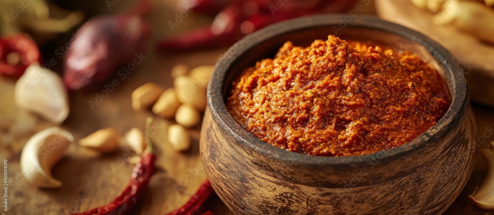 Freshly ground spices including paprika chili powder and garlic in a rustic wooden bowl against a textured background Freshly ground spices including paprika chili powder and garlic in a rustic wooden bowl against a textured background